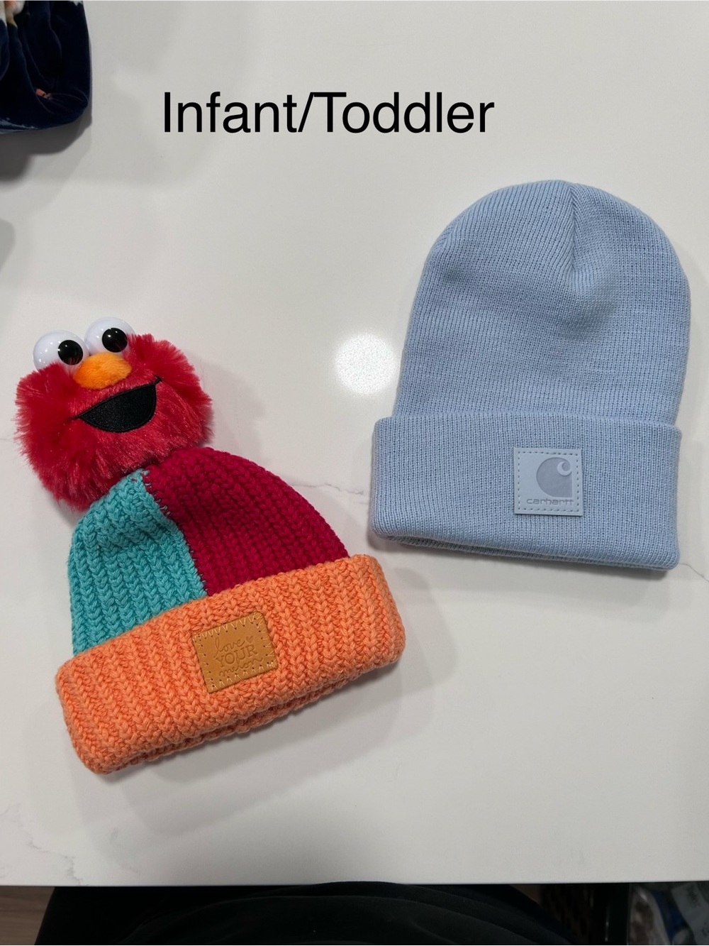 Carhartt Light Blue Beanie & Colorblock Orange Teal Red Pom Hat Set